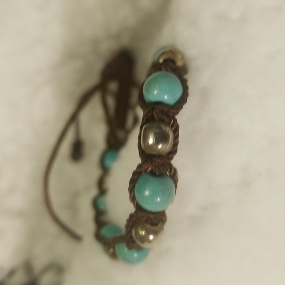BOHO BRACELET Brown string. Blue and Silver color balls - Picture 3 of 5